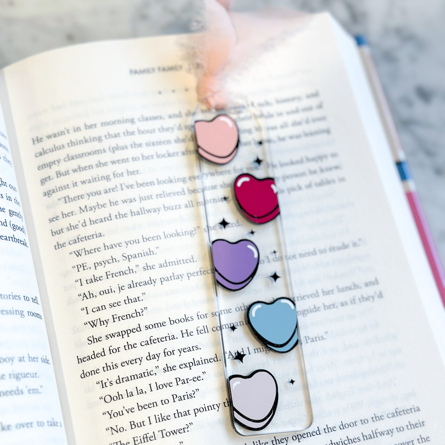 Hearts bookmark with chiffon ribbon